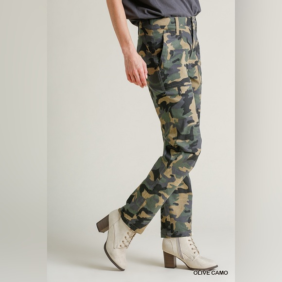Umgee Camo Print Straight Pants with Pockets and Front Zipper - Picture 2 of 4